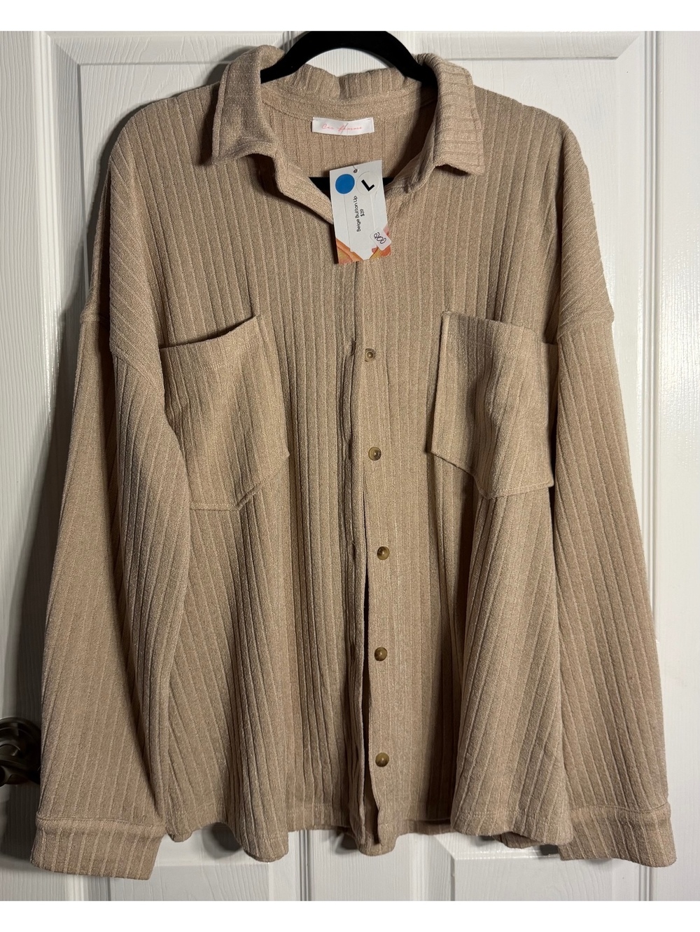 Beige Ribbed Button-Up Shirt Jacket, Size Large, 95% Polyester 5% Spx